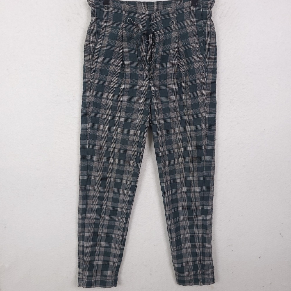 Free People Plaid Trousers Womens 0 Green Tapered High Waist Cropped Pants